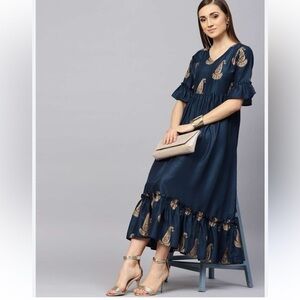 Libas Women Navy Blue & Golden Block Print Maxi Dress
